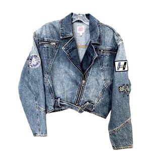 Denim Cropped Moto Jacket with Patches